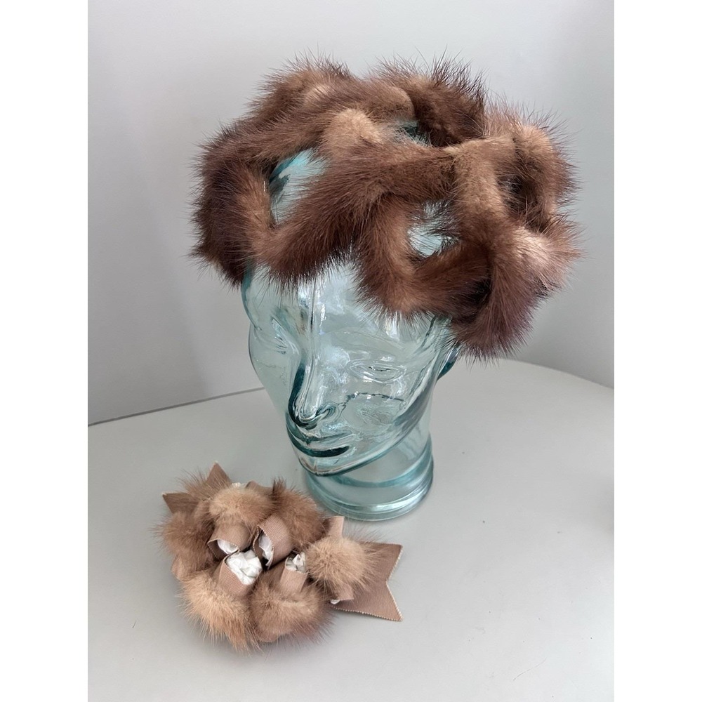 Vintage 50s Mink Brown Fur Opera Fascinator Hat Headband & Fur Hair Clip W/bow